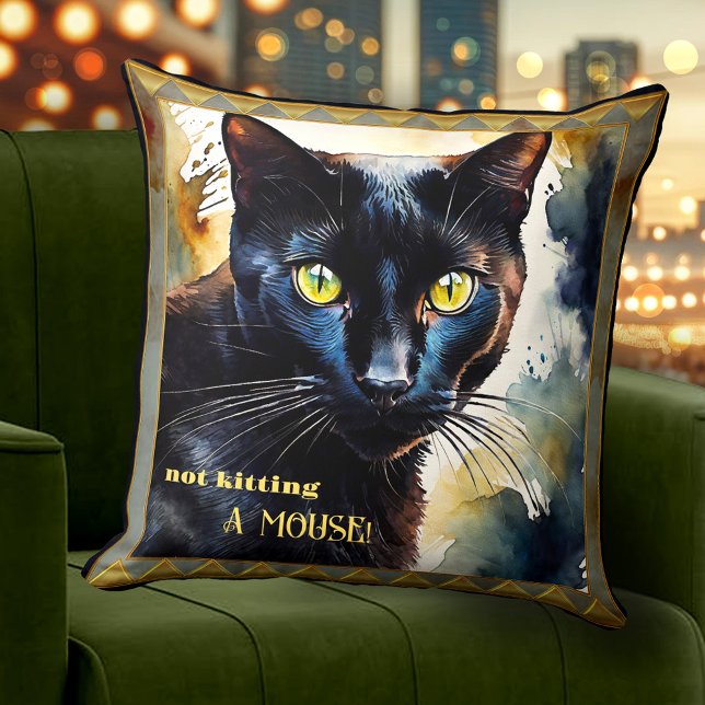 Cojín Decorativo Boho Artistic Funny Cat Animal Art (Boho artistic funny cat lovers pillow featuring a watercolor painting of a cute black cat)