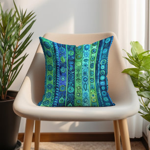 Cojín Decorativo Boho artístico verde azul a rayas