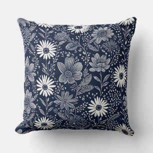 Cojín Decorativo boho azul y blanco Impresión de bloques florales c