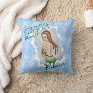 Cojín Decorativo Boho Beach Sirena Azul Océano Acuarela Personaliza