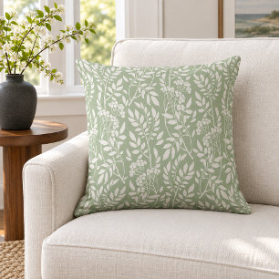Cojín Decorativo Boho Botánico Blanco Follaje Verde Salvia
