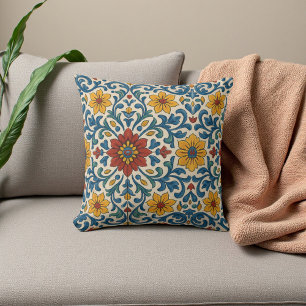 Cojín Decorativo Boho botánico de verano con flores azules y blanca