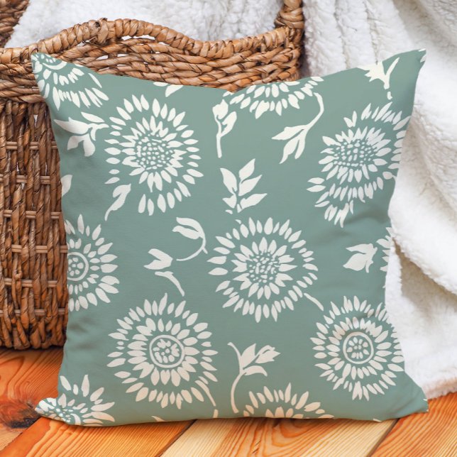 Cojín Decorativo Boho Botánico Verde Salvia Crema Girasoles (Boho Botanical Sage Green Cream Sunflowers Throw Pillow)