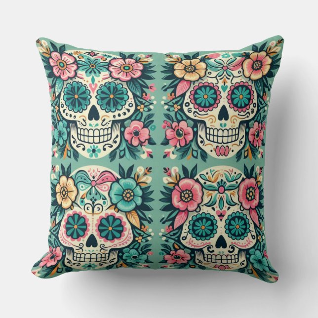 Cojín Decorativo Boho Calaveras de Azúcar (Anverso)