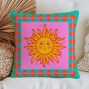 Cojín Decorativo BOHO Cara de Sol Retro Estética de Dopamina Colori