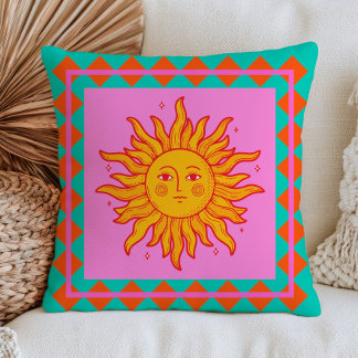 Cojín Decorativo BOHO Cara de Sol Retro Estética de Dopamina Colori