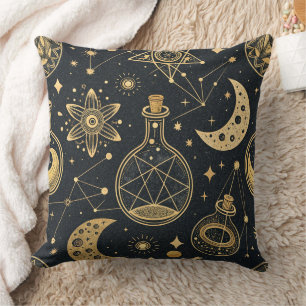 Cojín Decorativo Boho Celestial con Símbolos de Alquimia Dorados