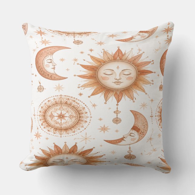 Cojín Decorativo Boho Celestial Sun Moon Throw Pillow (Anverso)