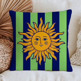 Cojín Decorativo Boho Chic Cara de Sol Azul Marino y Rayas Verdes R