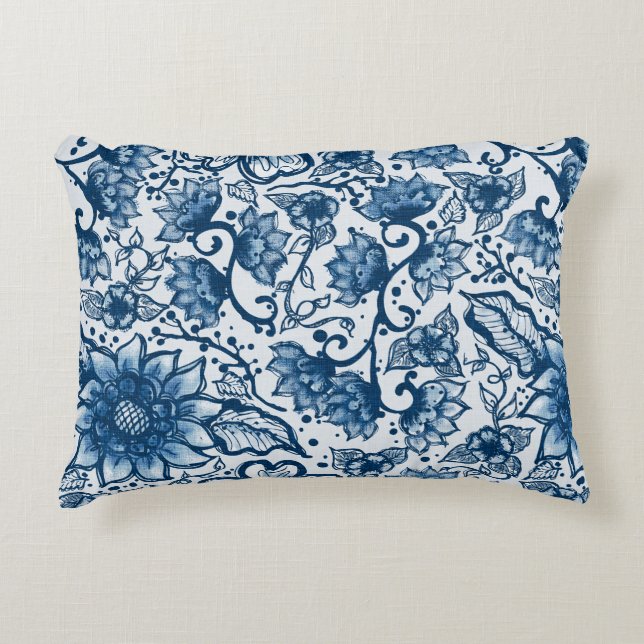 Cojín Decorativo Boho Classic Blue Florals | Repetición grande (Anverso)