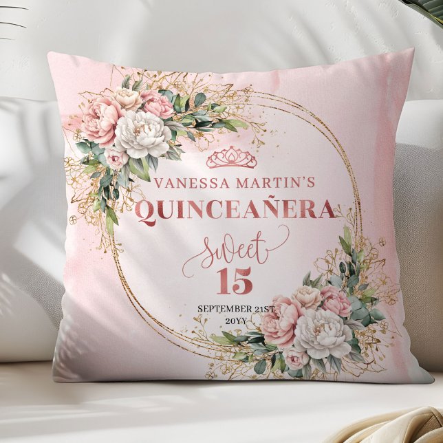 Cojín Decorativo Boho Dusty Pink Floral Greenery Sweet 15 Birthday (Dusty Pink Floral Greenery Sweet 15 Birthday Pillow)