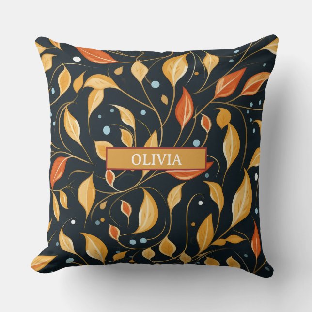 Cojín Decorativo Boho Fall Flores Naranja negro con nombre (Anverso)