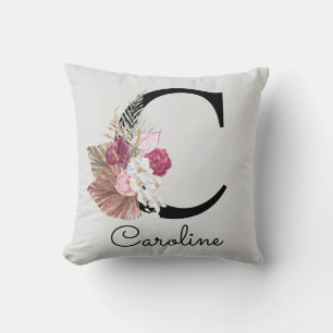 Cojín Decorativo Boho Femenino Floral Inicial Rosa Moderno C