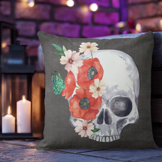 Cojín Decorativo Boho Floral Skull (Floral Skull Throw Pillow)