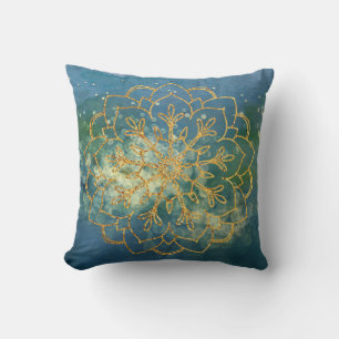 Cojín Decorativo Boho Gold Mandala Azul Verde Acuarela Brillo