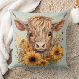 Cojín Decorativo Boho Highland Cow Sunflowers Sage Green