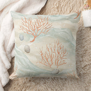 Cojín Decorativo Boho Luxe Patrón Costero de Coral Acuarela (3)