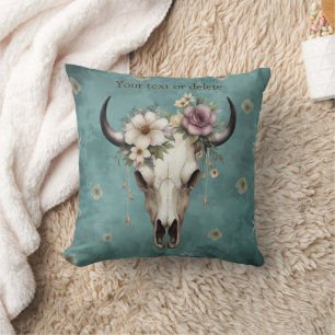 Cojín Decorativo Boho Moda Watercolor Floral Cow Skull