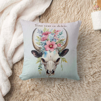 Cojín Decorativo Boho Moda Watercolor Floral Cow Skull