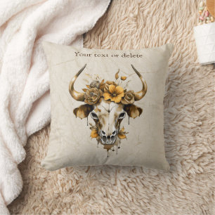 Cojín Decorativo Boho Moda Watercolor Floral Cow Skull