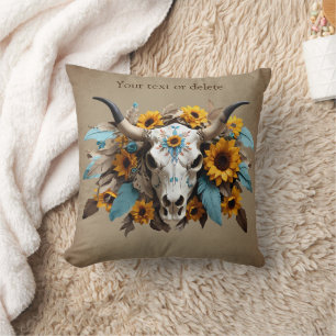 Cojín Decorativo Boho Moda Watercolor Foco de girasol Cow Skull