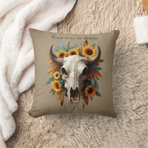 Cojín Decorativo Boho Moda Watercolor Foco de girasol Cow Skull