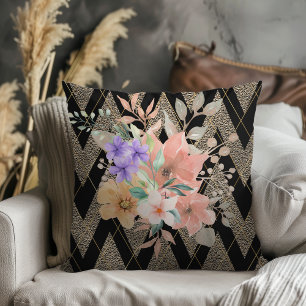 Cojín Decorativo Boho moderno Botánico Con Chevron Purpurina Negro