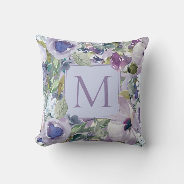 Cojín Decorativo Boho Morado Dusty Azul acuarela Floral Monograma (Anverso)