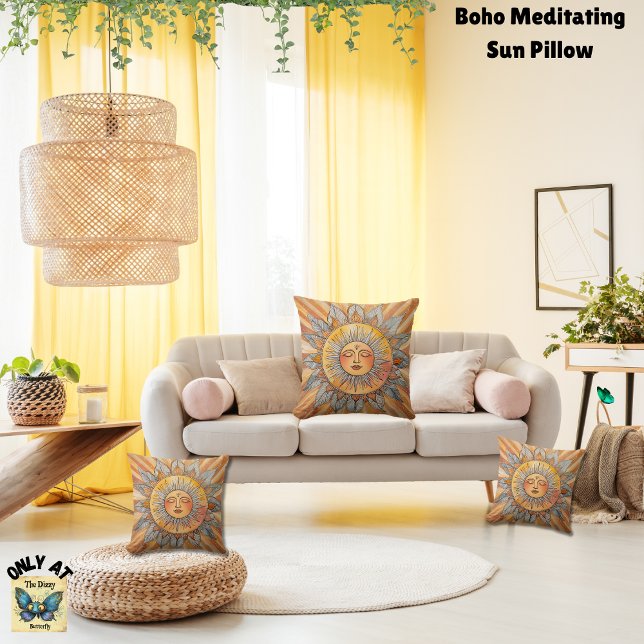 Cojín Decorativo Boho Naranja Amarillo Amber Meditando el Sol (Bohemian-style meditating sun pillow available in cotton or polyester, 16 x 16, 20 x 20, or lumbar)