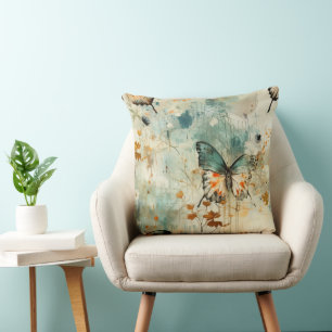 Cojín Decorativo Boho Naranja Verde Azul Mariposa Flor Silvestre Pi