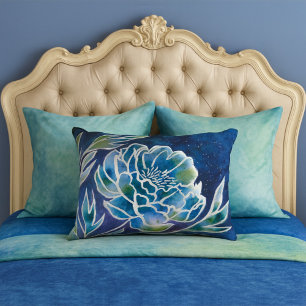 Cojín Decorativo Boho Navy Blue Celestial Dahlia Floral Watercolor