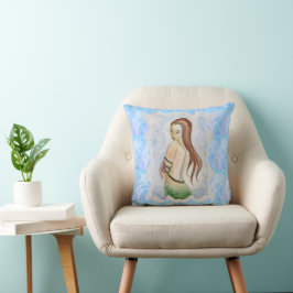 Cojín Decorativo Boho Playa Océano Azul Sirena Acuarela