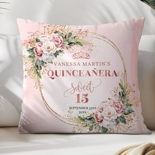 Cojín Decorativo Boho Rose Gold Floral Greenery Mis Quince Birthday (Rose Gold Floral Greenery Mis Quince Birthday Pillow)