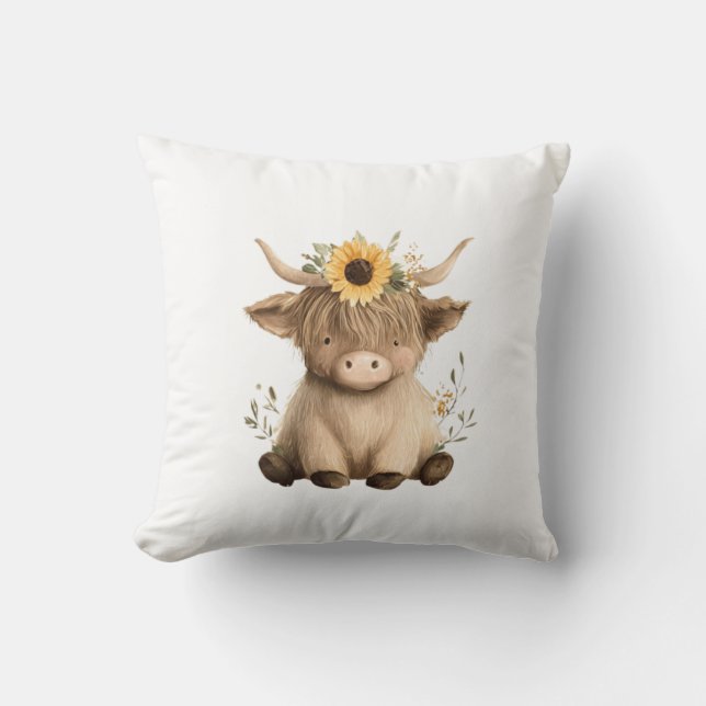 Cojín Decorativo Boho Sunflower Highland Cow (Anverso)