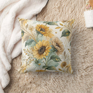 Cojín Decorativo Boho Sunflowers Watercolor Gold