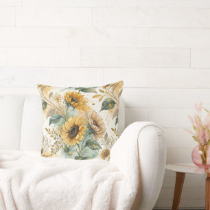 Cojín Decorativo Boho Sunflowers Watercolor Gold