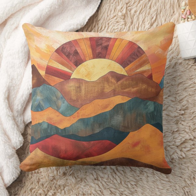 Cojín Decorativo Boho Sunset Over Mountains - Paisaje Retro Earthy (Manta)