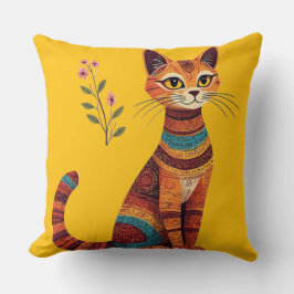 Cojín Decorativo Boho Tribal Cat Cute Folk Art with Flowers