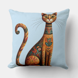 Cojín Decorativo Boho Tribal Cat Cute Folk Art with Flowers