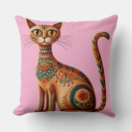 Cojín Decorativo Boho Tribal Cat Cute Folk Art with Flowers