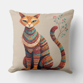 Cojín Decorativo Boho Tribal Cat Illustration Cute Folk Art Design