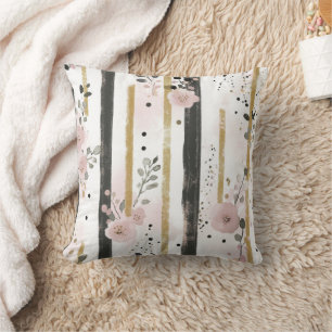 Cojín Decorativo Boho Watercolor Florals Stripes Gold Pink Black