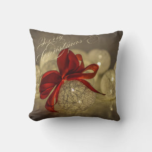 Cojín Decorativo Bolas de Navidad, Lazo Rojo, Luces de Cadena