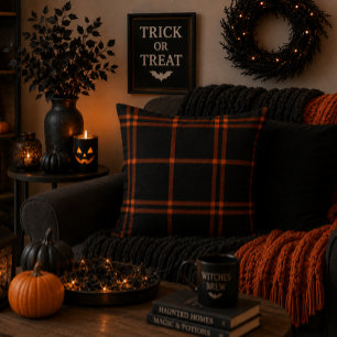 Cojín Decorativo Bold Negro Naranja Tartán Escocés Moderno Otoño