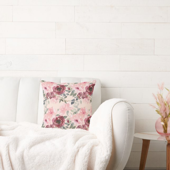 Cojín Decorativo Bonito acuática rosa floral y borgoña (Sofá)