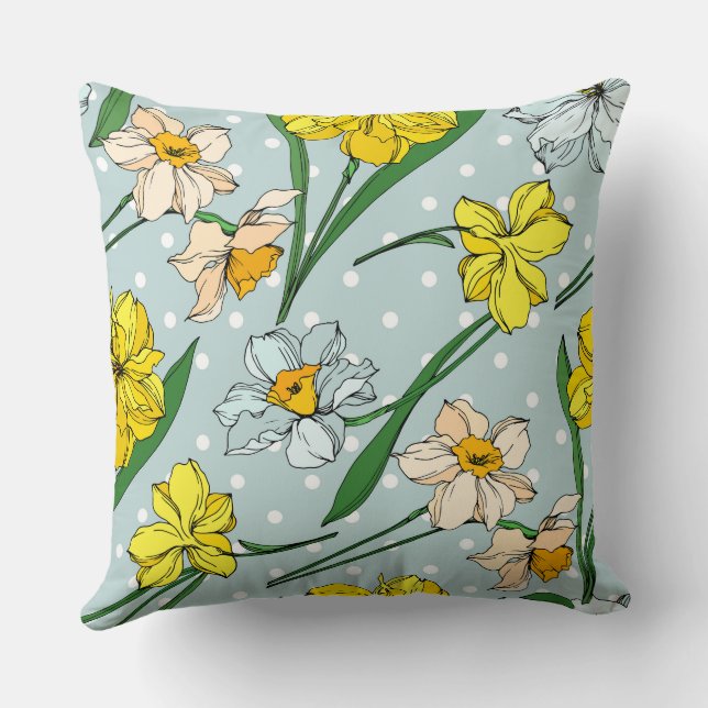 Cojín Decorativo Bonito azul cielo polka puntos lindo floral retro (Reverso )