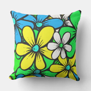 Cojín Decorativo Bonito Brillante Verano Flores Azul Amarillo y Ver