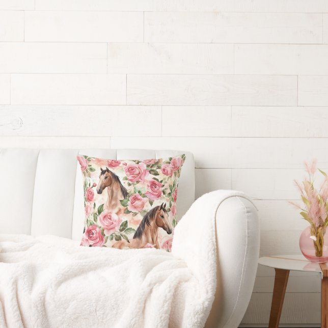 Cojín Decorativo Bonito de Caballos Rosa Floral (Sofá)