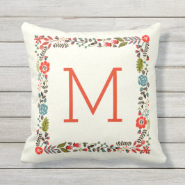 Cojín Decorativo Bonito de monograma borde floral verde azulado, ro