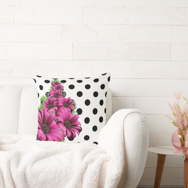 Cojín Decorativo Bonito Flores rosadas Punto de Polka (Sofá)